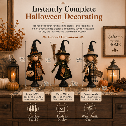 Rustic Halloween Witch Figurines, Set of 3 – Vintage Farmhouse Tabletop Decor