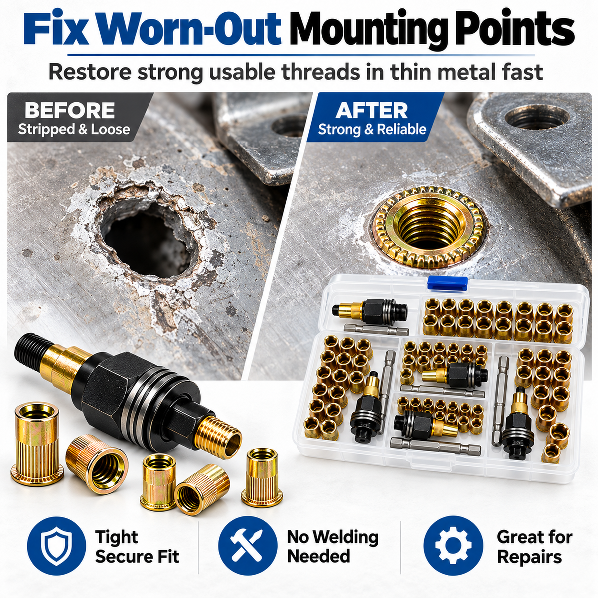 🔩50-Piece Rivet Nut Installation Kit – Threaded Insert Tool Set for Metal Repair