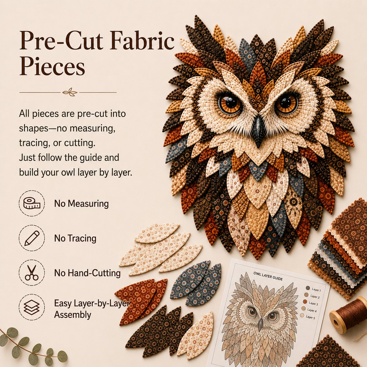 💥 LAST DAY 49% OFF - 🦉 Layered Fabric Owl Wall Art DIY Kit – Relaxing Craft, Beautiful Results