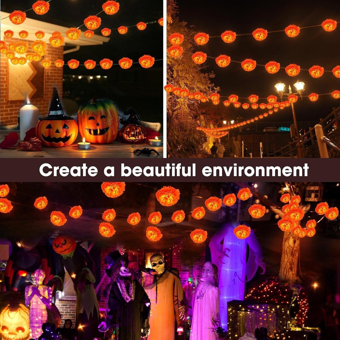 🎃 3M Day of the Dead Marigold String Lights, 20 LED Cempasuchil Flower Garland