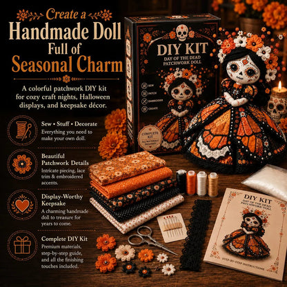 🎃 Day of the Dead Patchwork Doll DIY Sewing Kit – Handmade Fabric Doll Making Kit with Floral Details