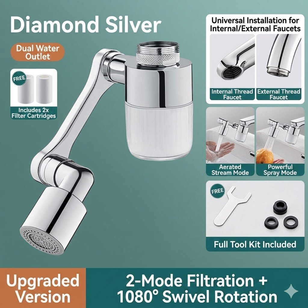 Rotating Faucet Aerator & Filter Set – 360° rotation, soft anti-splash stream, and transparent housing
