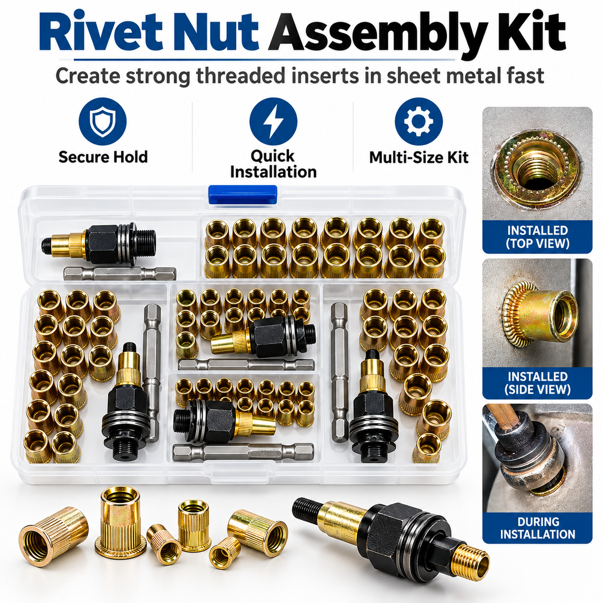 🔩50-Piece Rivet Nut Installation Kit – Threaded Insert Tool Set for Metal Repair