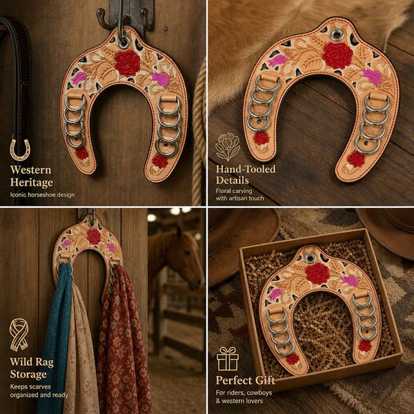 🔥 Handcrafted Leather Horseshoe Wild Rag Holder | Western Scarf & Bandana Organizer