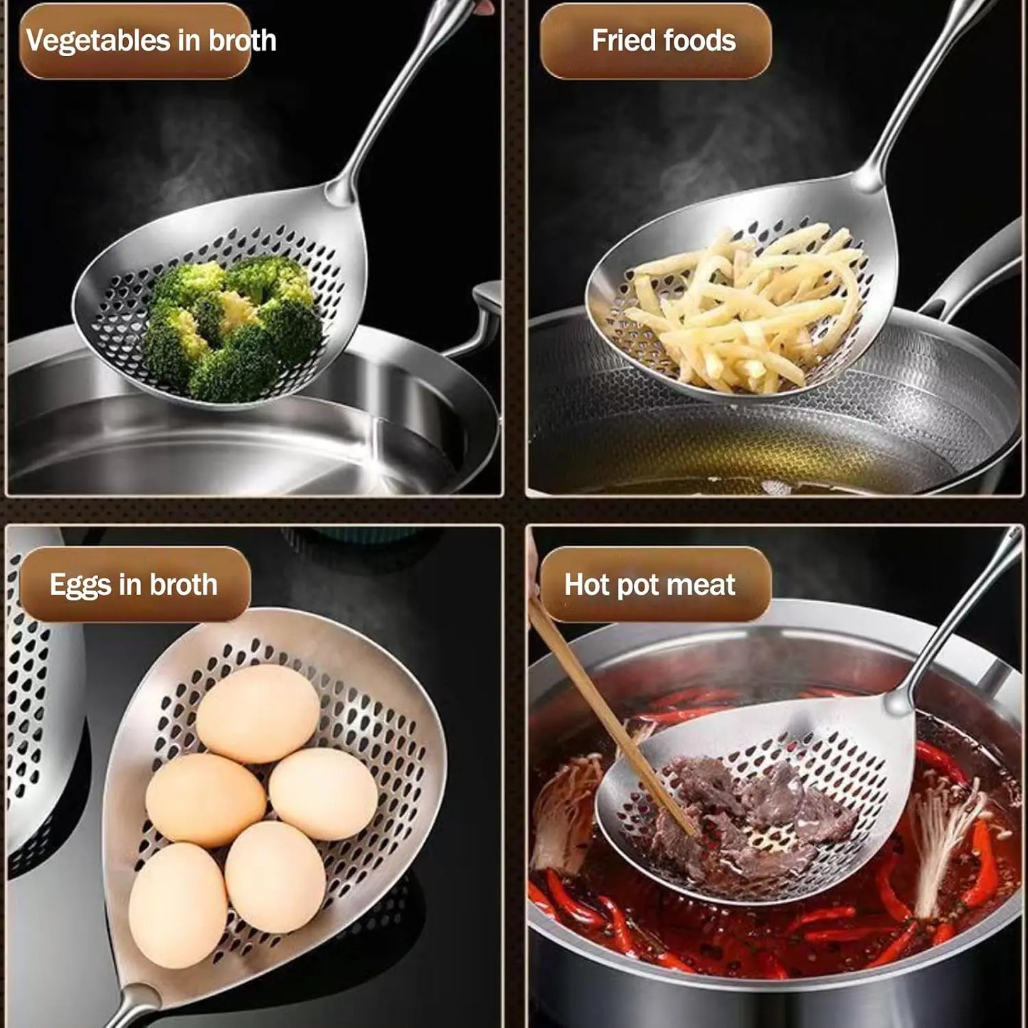 Stainless Steel Slotted Spoon with Wooden Handle – Pasta, Dumpling & Frying Skimmer