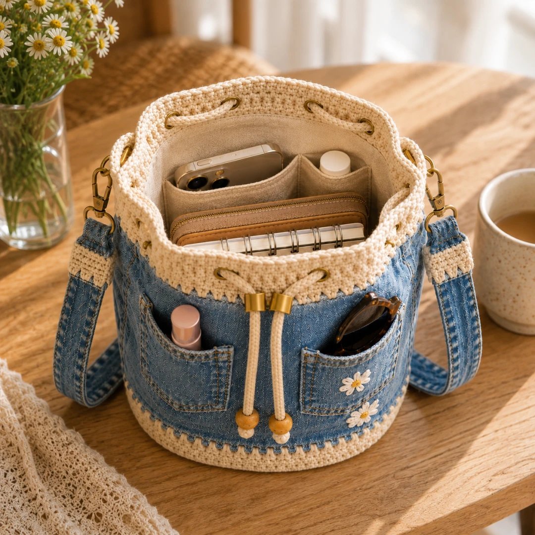 🔥 Top Back-to-School Picks - 👜 Denim Crochet Bucket Bag