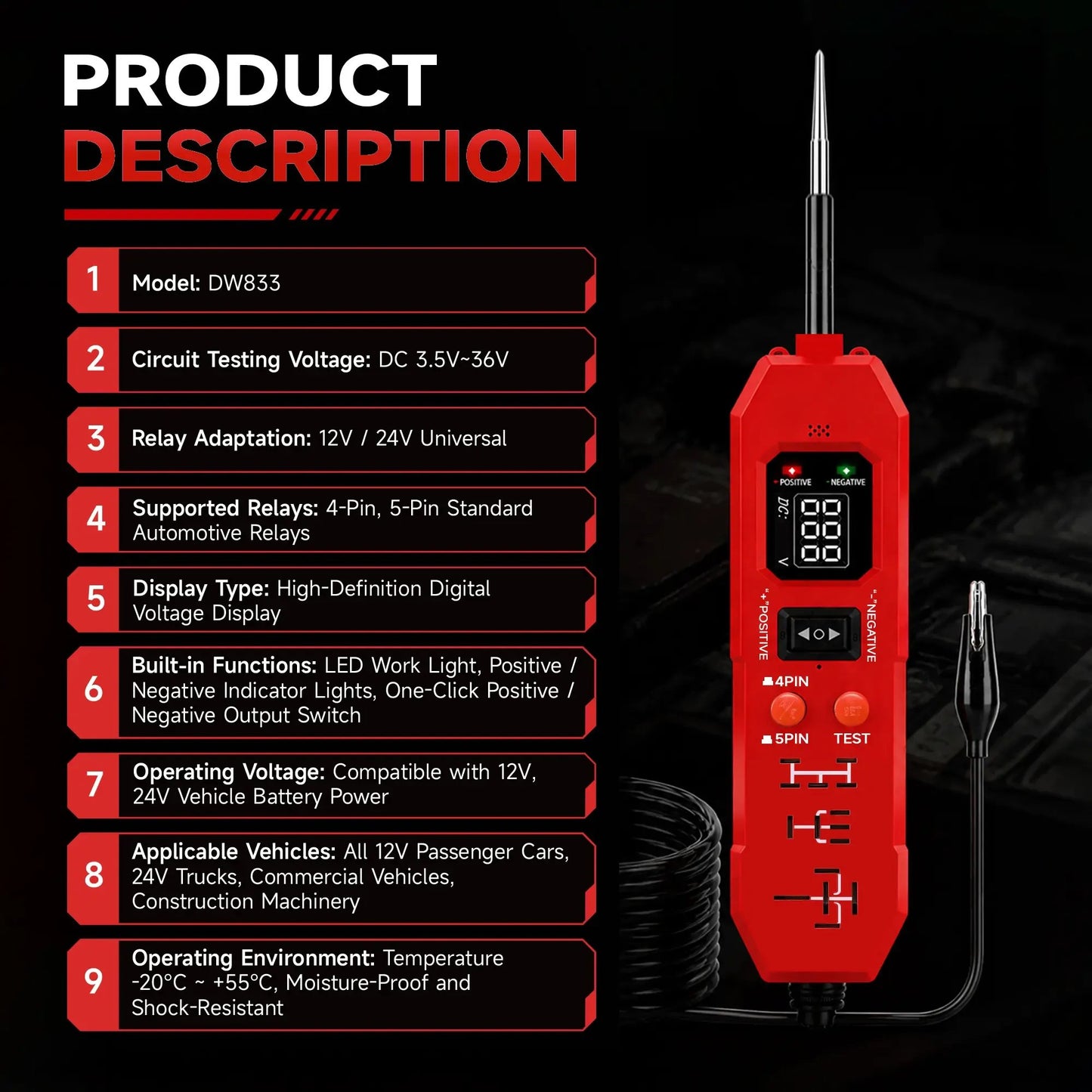 🔧Automotive Circuit & Relay Tester,12V/24V Vehicle Electrical Diagnostic Probe for Auto Repair