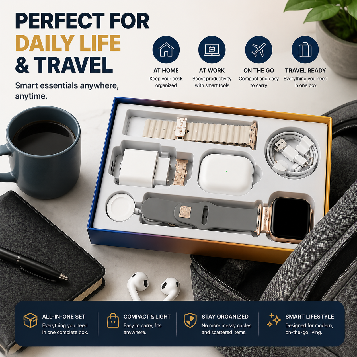 🎁 6-in-1 Smart Tech Gift Set – Smart Watch, Wireless Earbuds & Charging Essentials Kit