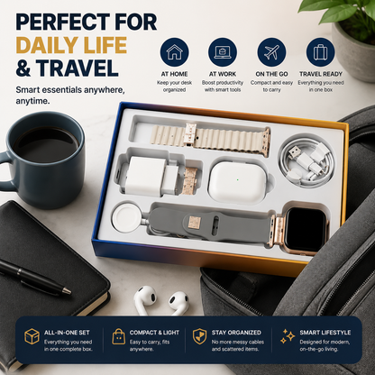 🎁 6-in-1 Smart Tech Gift Set – Smart Watch, Wireless Earbuds & Charging Essentials Kit