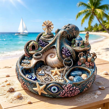 Deep Sea Santorini: Octopus Guardian Mythological Trinket Bowl with Evil Eye Protection