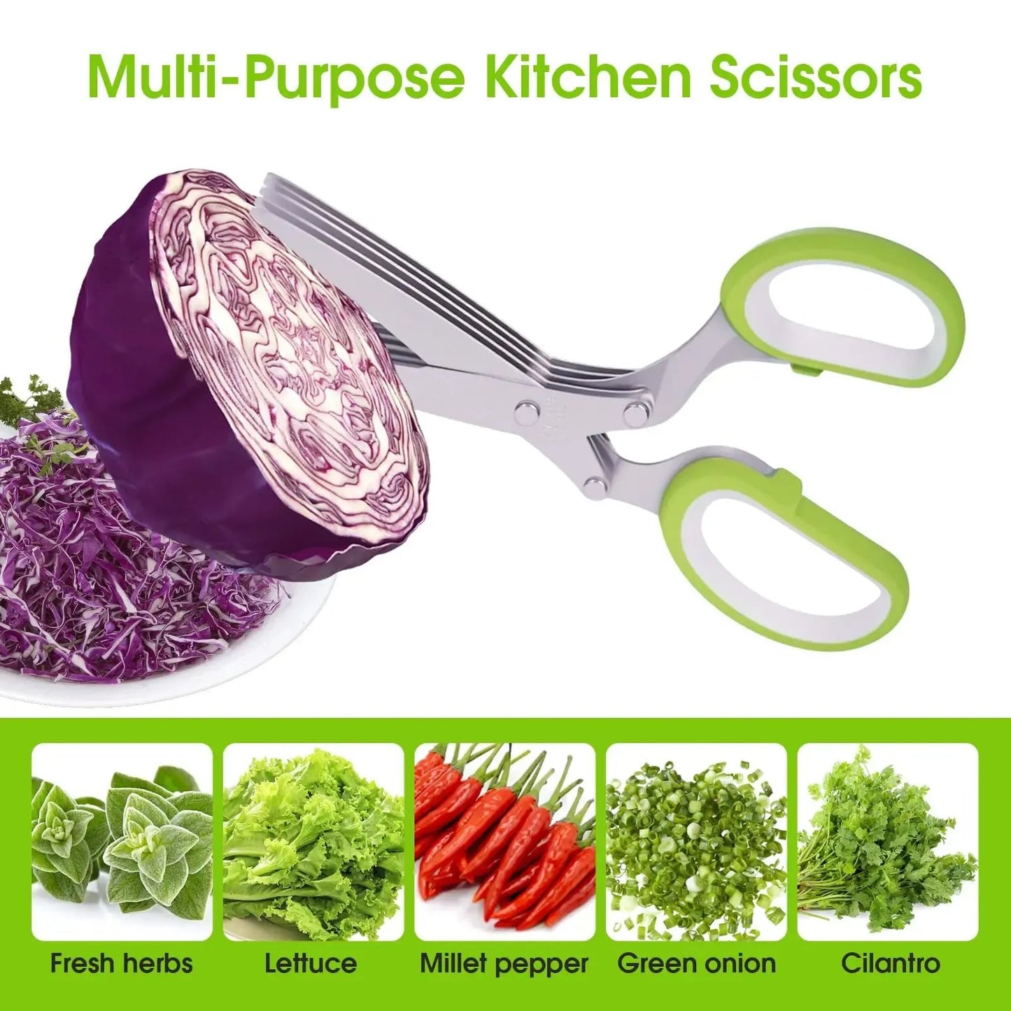 ✂️Herb Scissors 5 Blade Kitchen Shears, Multipurpose Herb Cutter with Safety Cover & Cleaning Comb for Basil Chive Parsley