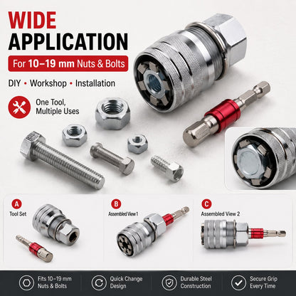 🔧 One Socket Replaces Them All — Fits 10–19mm Bolts & Nuts in Seconds