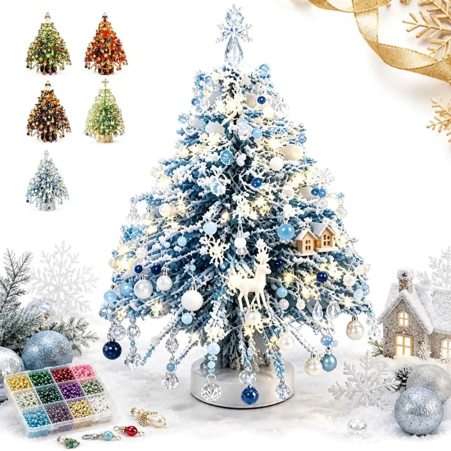 DIY Beaded Christmas Tree Kit, Crystal Craft Set with LED Lights & Angel Topper