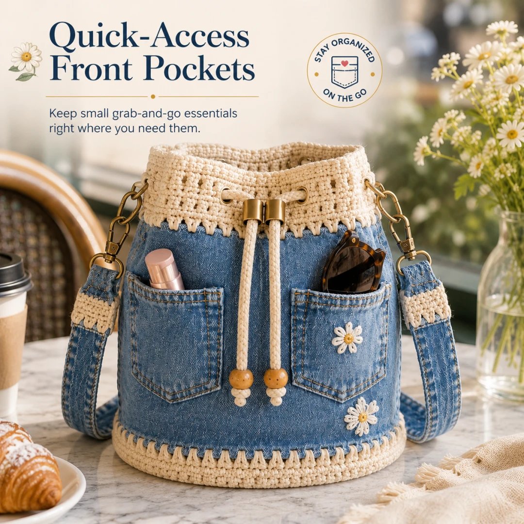 🔥 Top Back-to-School Picks - 👜 Denim Crochet Bucket Bag