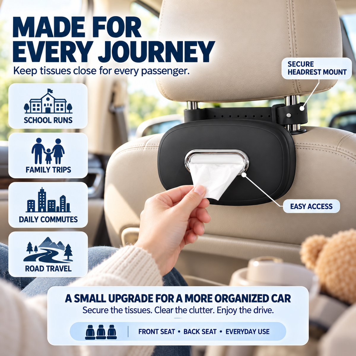 🚗 Keep Tissues Within Reach – Washable Silicone Car Headrest Tissue Holder