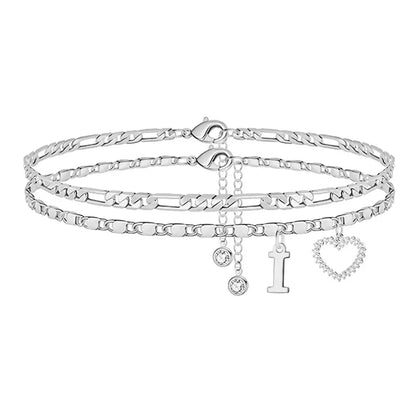 🎁 14k-Gold Plated-Double-Layer 26-Letter-Tone Chain Heart-Shaped Anklet with a heart-shaped pendant