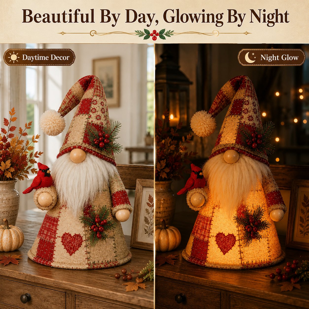 🔥 LAST DAY 49% OFF – 🐦 Patchwork Bird Gnome Light Collection | Warm Glowing Tabletop Decor with Farmhouse Patchwork Details for Mantels, Shelves & Holiday Gifts ✨（副本）
