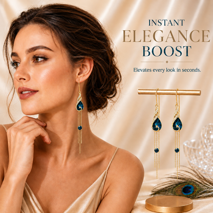 🦚 Royal Peacock Teal Crystal Tassel Earrings • Elegant Drop Earrings