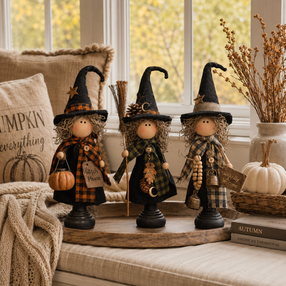Rustic Halloween Witch Figurines, Set of 3 – Vintage Farmhouse Tabletop Decor