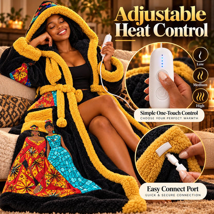 🔥African Queen Heated Plush Robe 👑 Ultra-Soft Hooded Design with Adjustable Heat