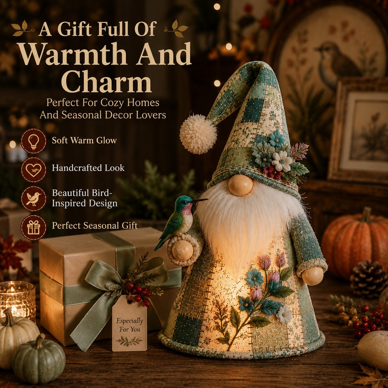 🔥 LAST DAY 49% OFF – 🐦 Patchwork Bird Gnome Light Collection | Warm Glowing Tabletop Decor with Farmhouse Patchwork Details for Mantels, Shelves & Holiday Gifts ✨（副本）