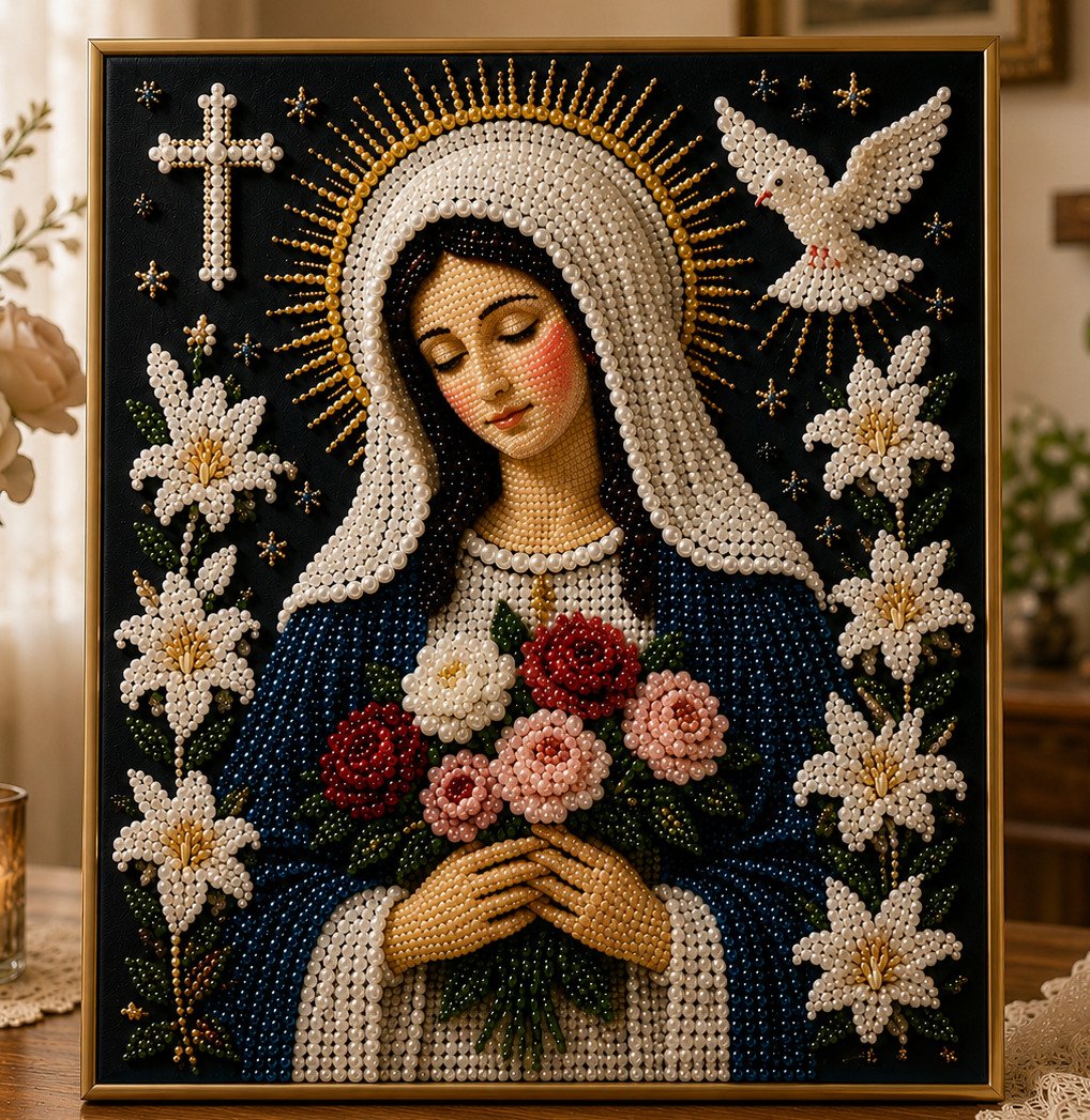 🔥HOT SALE🔥🙏 Divine Pearl Bead Virgin Mary Icon – A Peaceful DIY Faith Art Gift ✨