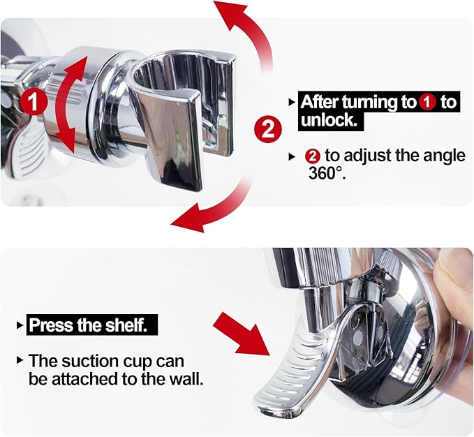 Adjustable shower head holder - Detachable shower head holder with suction cup - Drill-free shower head holde