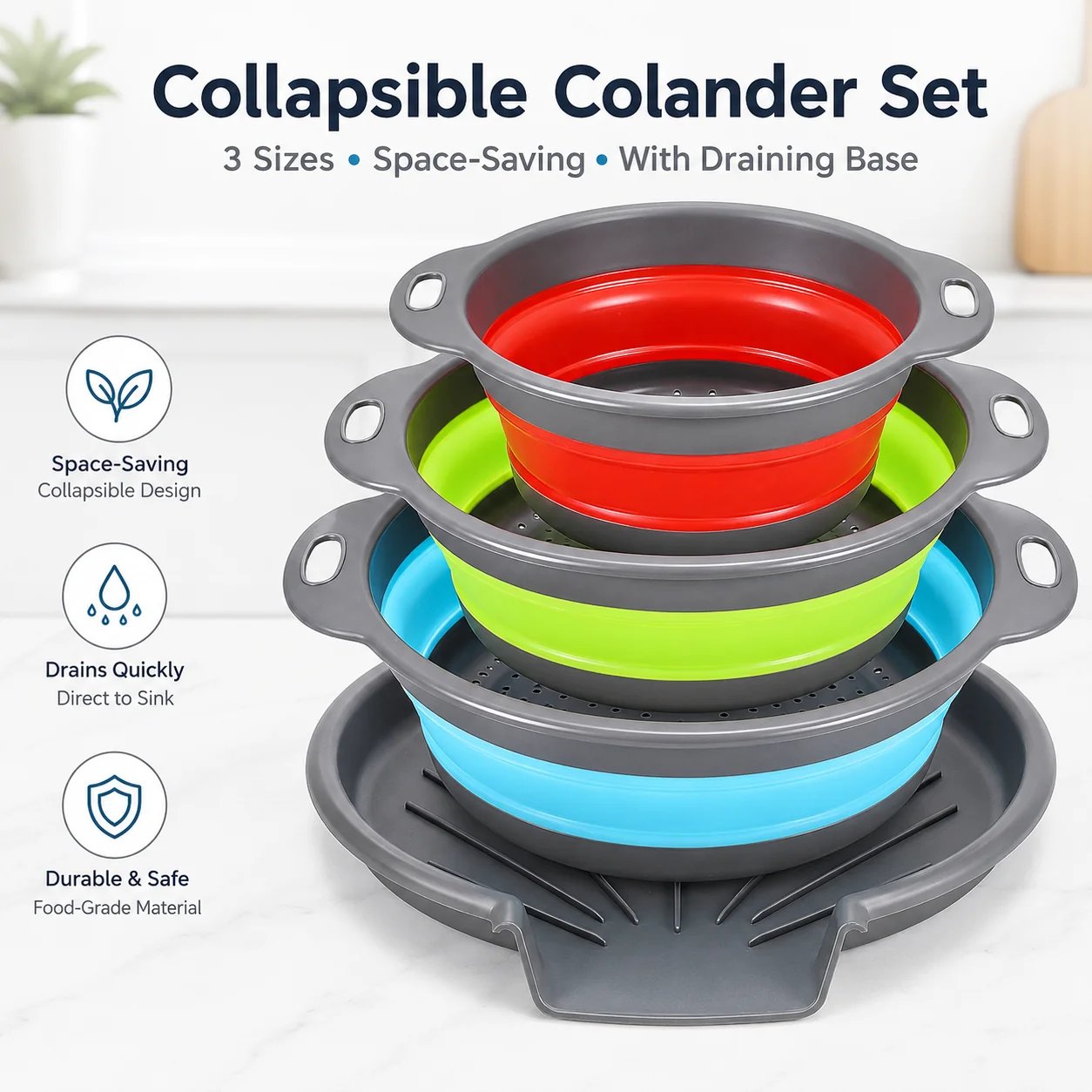 Collapsible Colander Set of 3 – Space-Saving Strainers with Draining Base | Small Medium Large
