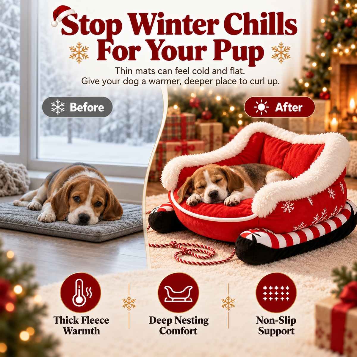 🎄Their Own Christmas Sleigh – Cozy Plush Pet Bed for Dogs & Cats
