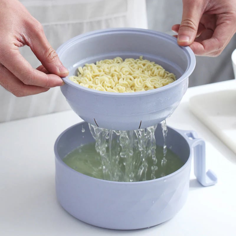 ✨ Stoneware-Inspired Diamond-Faceted Ramen Bowl Set | 40oz Microwave-Safe Ramen Maker with Built-in Drain & Utensils 🍜