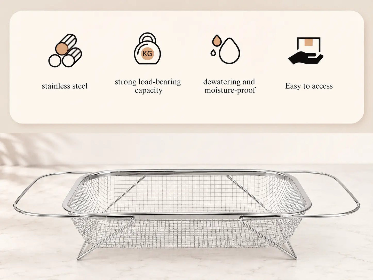 Stainless Steel Over-The-Sink Colander Strainer Basket, Expandable Rectangle Fine Mesh Kitchen Utensils with Handles, Silver Kitchen Essential