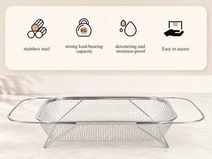 Stainless Steel Over-The-Sink Colander Strainer Basket, Expandable Rectangle Fine Mesh Kitchen Utensils with Handles, Silver Kitchen Essential