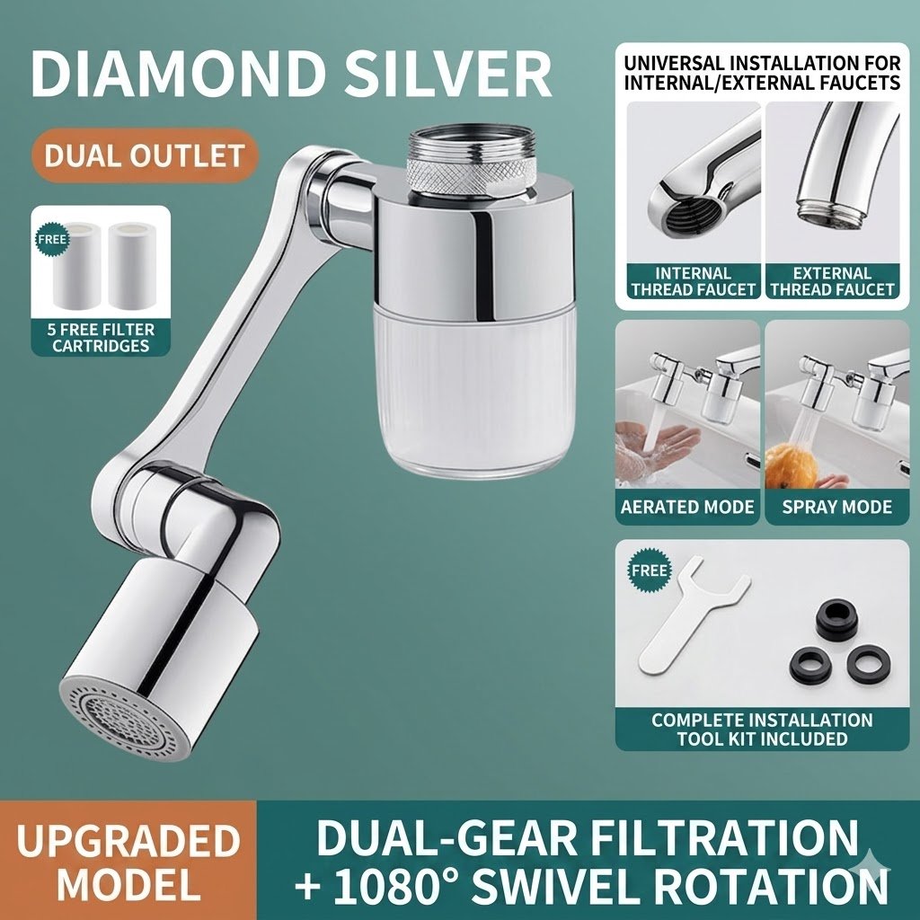 Rotating Faucet Aerator & Filter Set – 360° rotation, soft anti-splash stream, and transparent housing