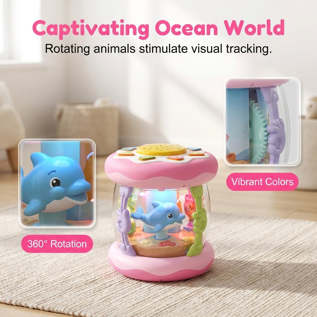 Montessori Sensory Musical Ocean Projector Toy for Babies & Toddlers ⭐ Interactive Duck Shaped Light-Up Music Box with Soothing Lullabies, 360° Rotating Aquarium & Tummy Time Crawling Toy for Boys & Girls