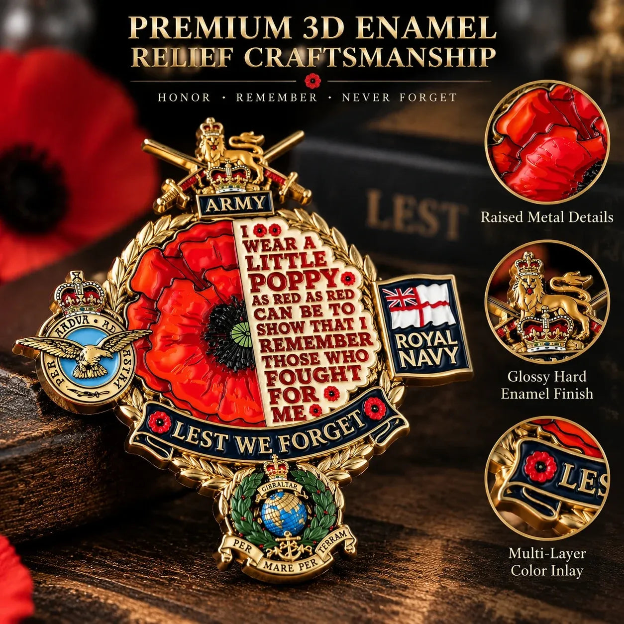 🌺 British Armed Forces “Lest We Forget” Remembrance Poppy Badge | 3.5-Inch 3D Metal Tribute with Army, Navy, RAF & Royal Marines-Inspired Details 🎖️