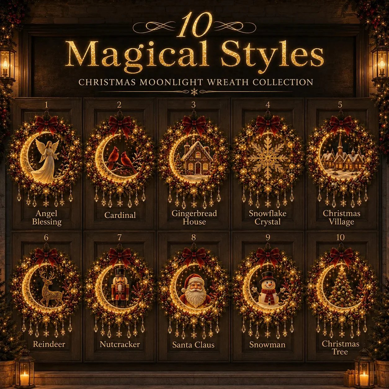 ✨ Christmas Moonlight Wreath Collection – Lighted Holiday Door Decor