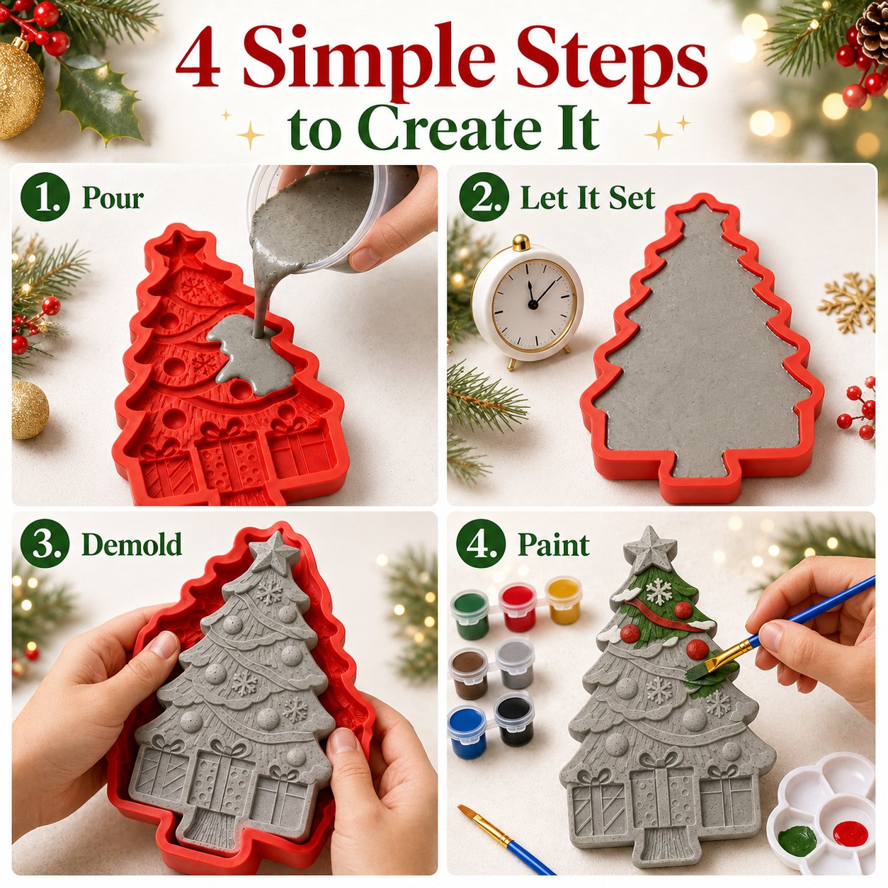 🎄 DIY Christmas Mold & Paint Craft Kit | Reusable 3D Mold with 8 Acrylic Paints, 2 Brushes & Festive Detail Guide 🎨✨
