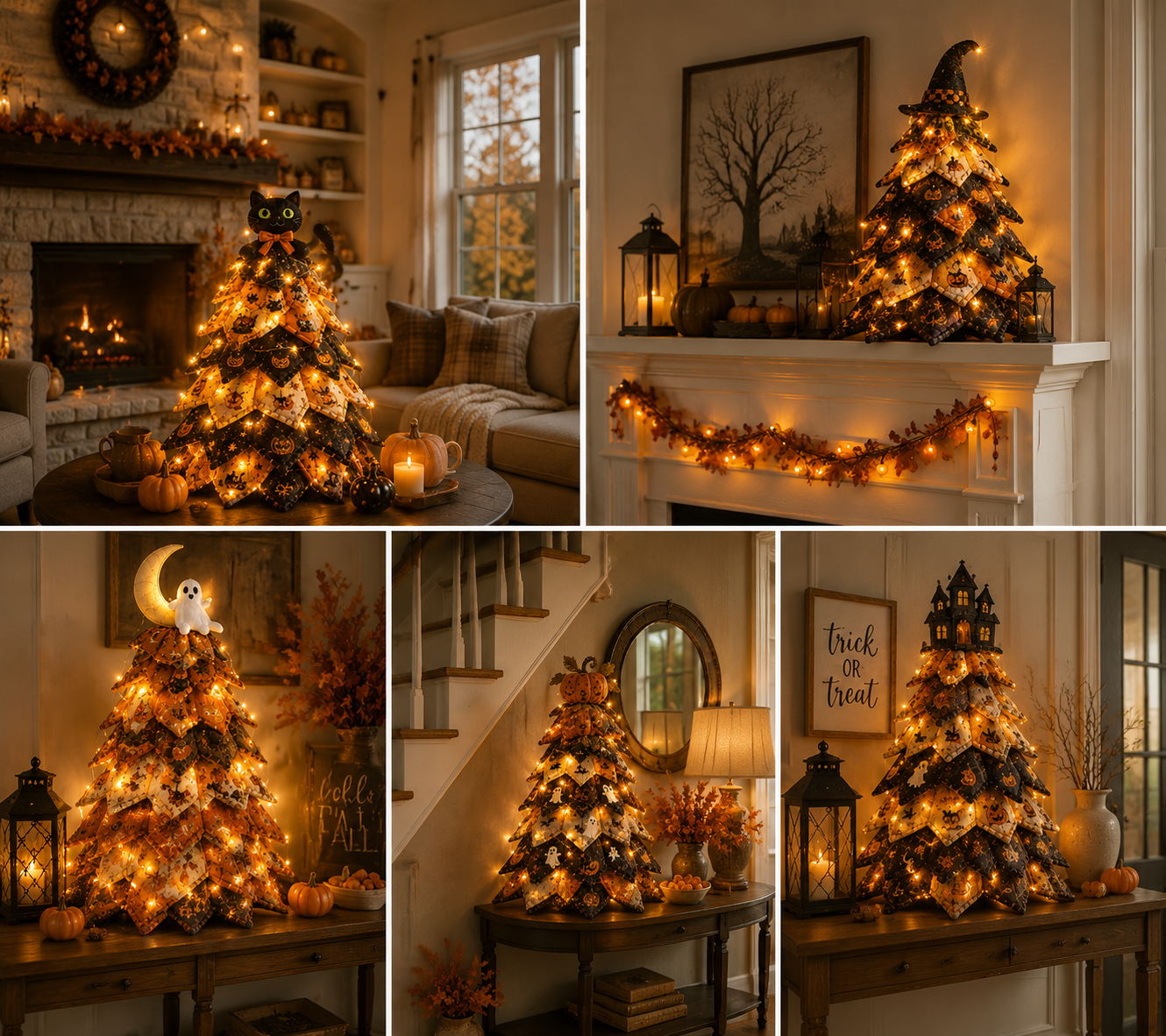 🎃✨ Lighted Halloween Quilted Fabric Tree – Cozy Handmade Glow Decoration