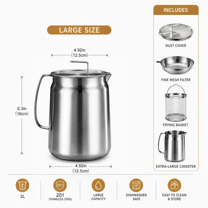 68oz 201 Stainless Steel Deep Fryer Pot with Basket & Strainer, Large Capacity Bacon Grease Container for Kitchen,Frying, Cooking, Camping,Oil Filter Container - Dishwasher Safe
