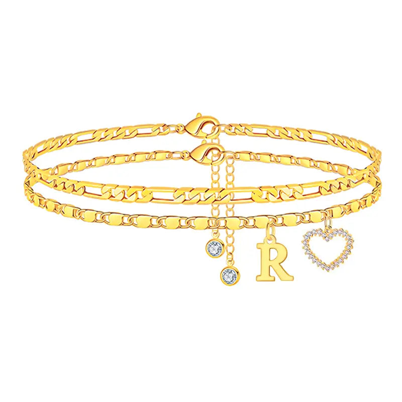 🎁 14k-Gold Plated-Double-Layer 26-Letter-Tone Chain Heart-Shaped Anklet with a heart-shaped pendant