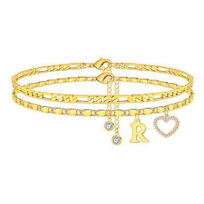 🎁 14k-Gold Plated-Double-Layer 26-Letter-Tone Chain Heart-Shaped Anklet with a heart-shaped pendant