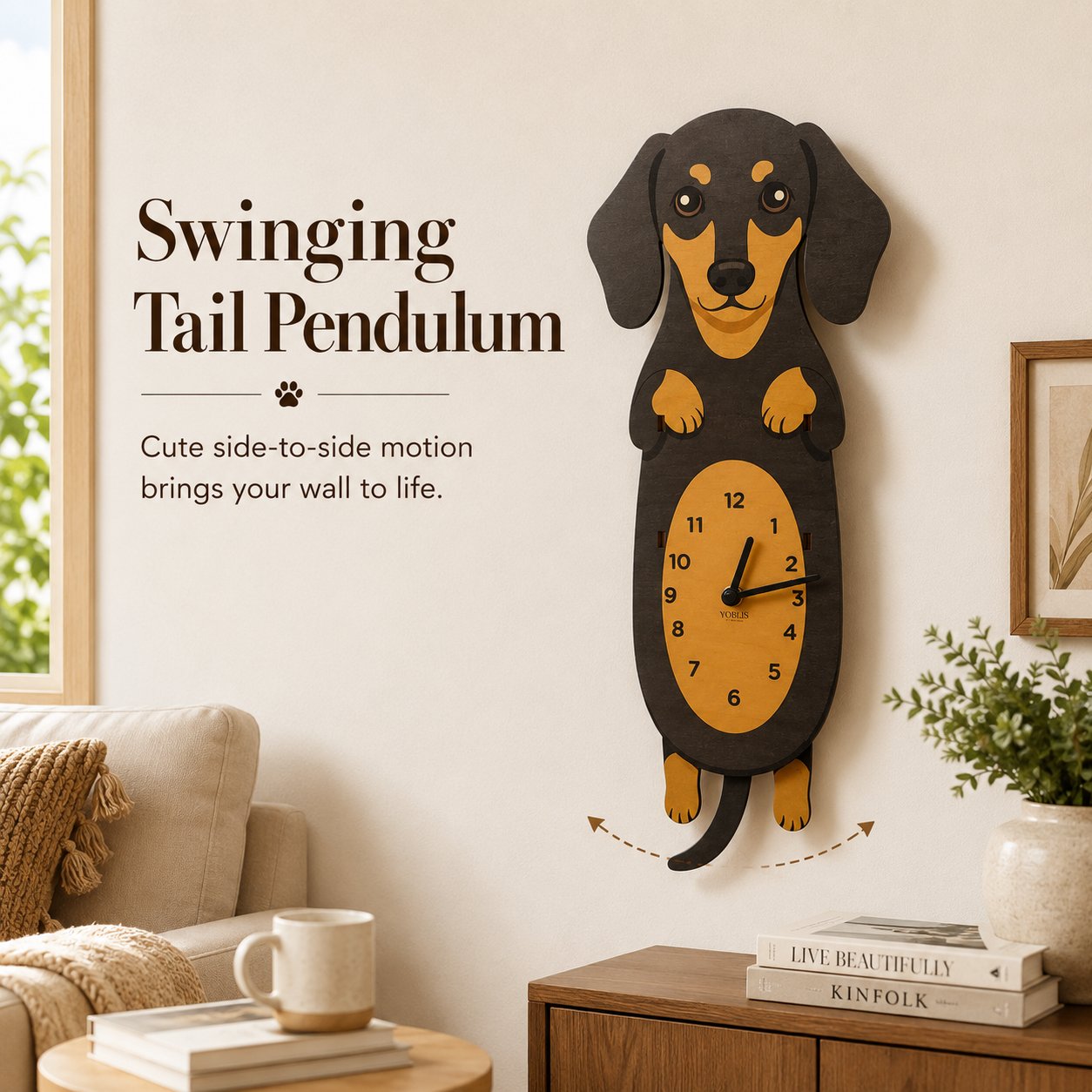 Playful Swinging Dog Wooden Wall Clock