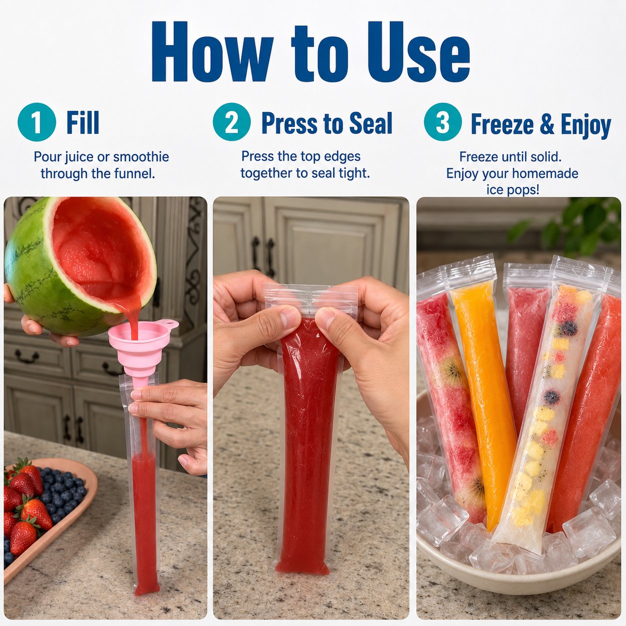 🍓 Pour, Freeze & Enjoy — Homemade Ice Pops Made Easy with Self-Sealing Bags! ❄️