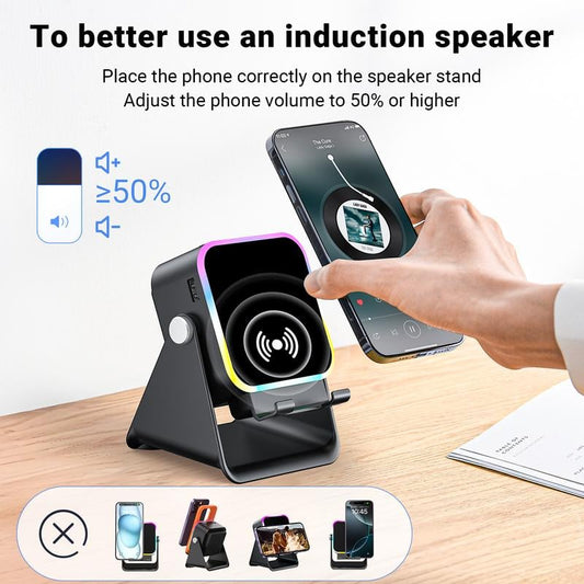 🔥🎶📱  5-in-1 Wireless Induction Bluetooth Speaker with Adjustable Phone Stand