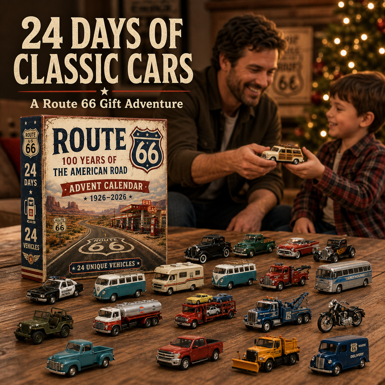 🚗Route 66 Centennial Advent Calendar – 24 Days of American Road Legends | 1926–2026 Collector’s Edition🎄
