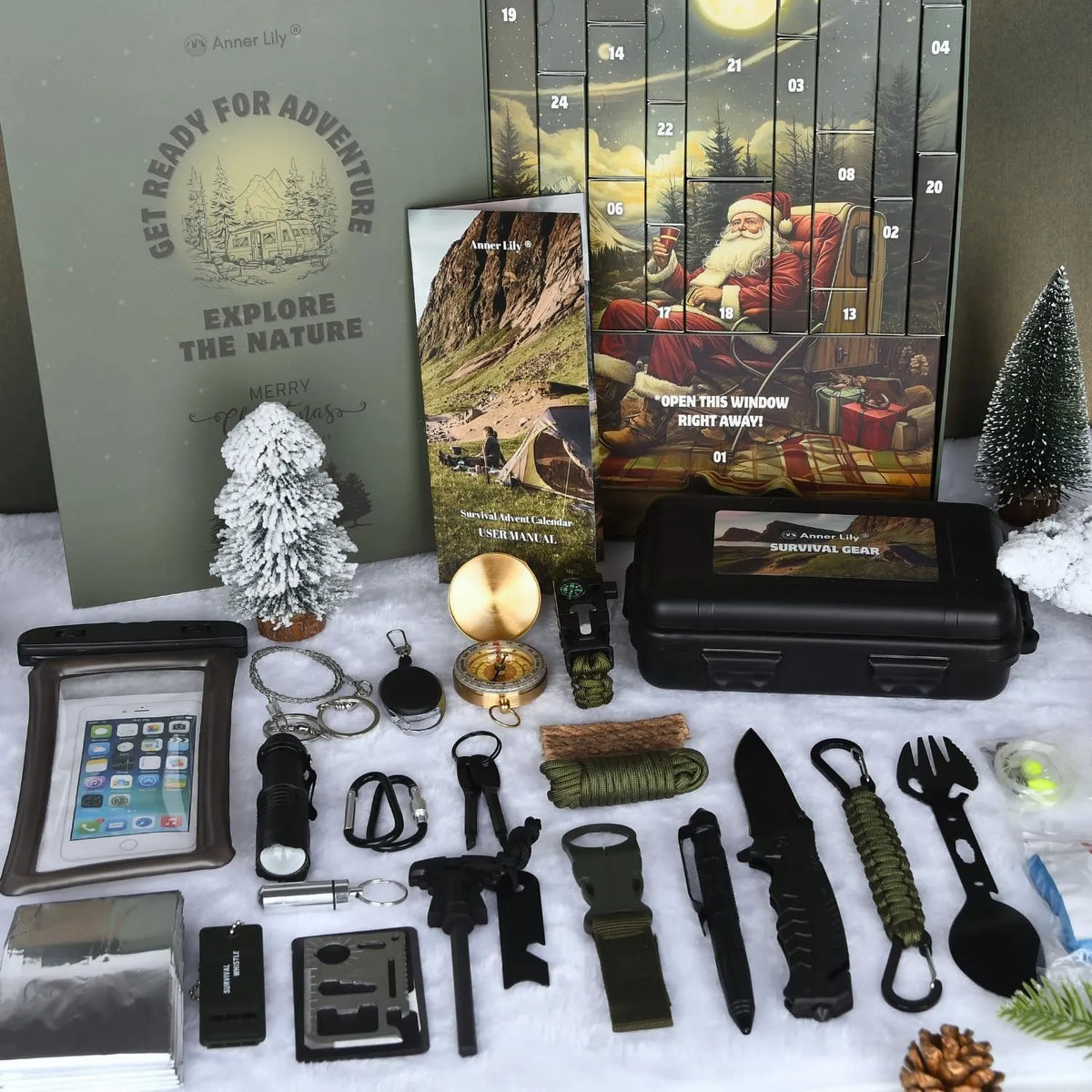 Real product photo of survival advent calendar and outdoor accessories