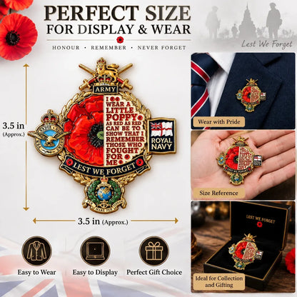 🌺 British Armed Forces “Lest We Forget” Remembrance Poppy Badge | 3.5-Inch 3D Metal Tribute with Army, Navy, RAF & Royal Marines-Inspired Details 🎖️