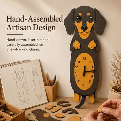 Playful Swinging Dog Wooden Wall Clock