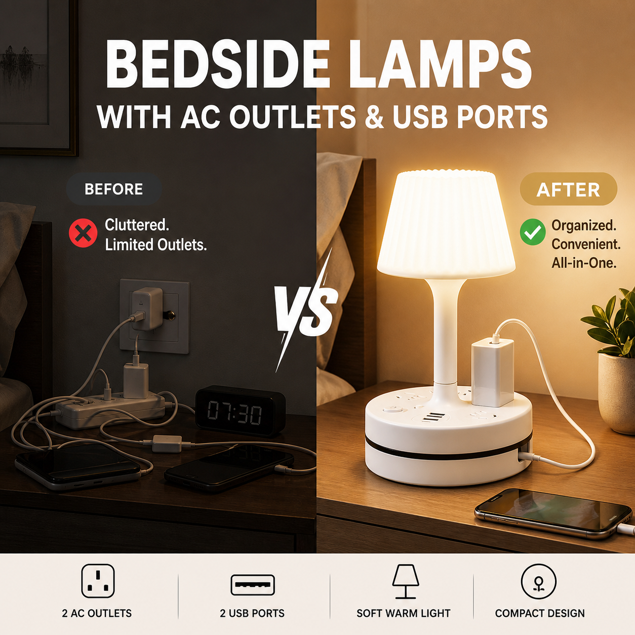 Bedside Lamp with Charging Station – 3-in-1 Nightstand Light, Power & Style