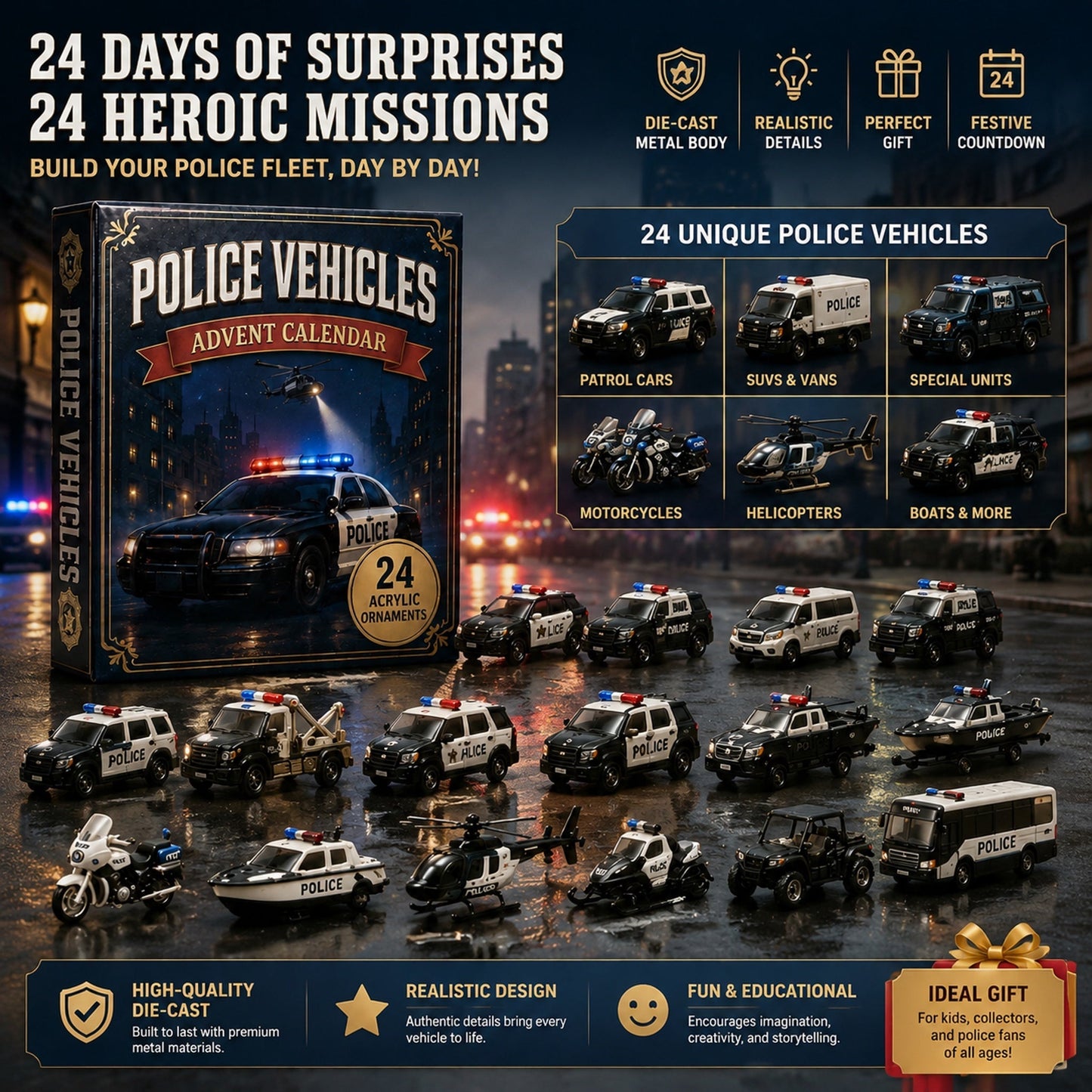 Police Vehicles Fleet Advent Calendar 2026 - 24-Day Festive Countdown, Acrylic Charms Blind Box